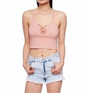 Women's Pink Halter Spaghetti Strap Sleeveless Caged Crop Top- Size Medium